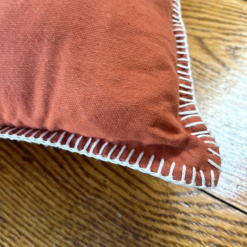 Rae Dunn FAMILY. embroidered 20” square burnt orange pillow with feather pillow